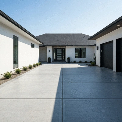 A beautifully designed concrete driveway enhancing a home's curb appeal