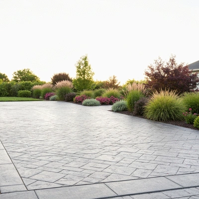 Decorative concrete driveway with landscaping