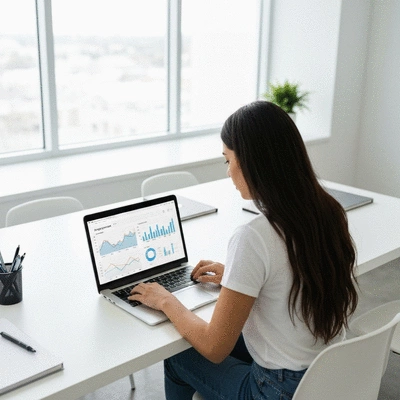 Lifestyle image of a person analyzing keyword data on a laptop