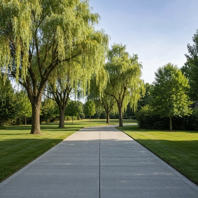 Beautiful concrete driveway with trees