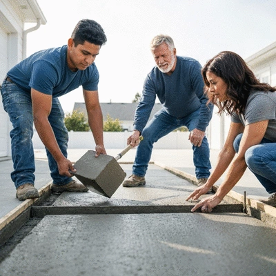 A team of professionals installing a concrete driveway