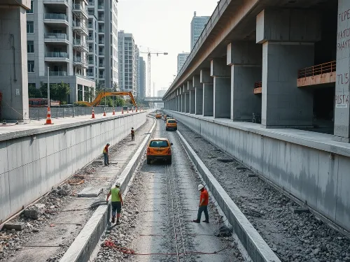 Civil concrete infrastructure project with heavy machinery and construction workers